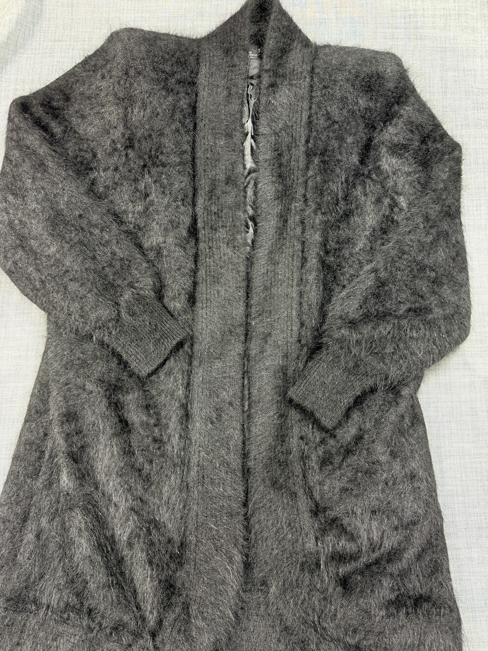 Venesha 80% Angora Fuzzy Duster Cardigan Sweater Jacket Black Open Lined Sz Lg